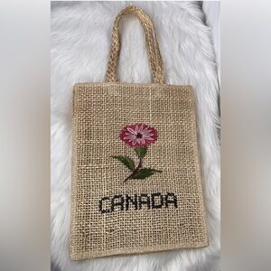 Vintage Canada Embroidered Jute Tote Bag - Tan with Pink Flower